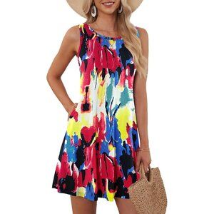 Women's Colorful Sleeveless Crew Neck Summer Boho Beach Dress with Pocket